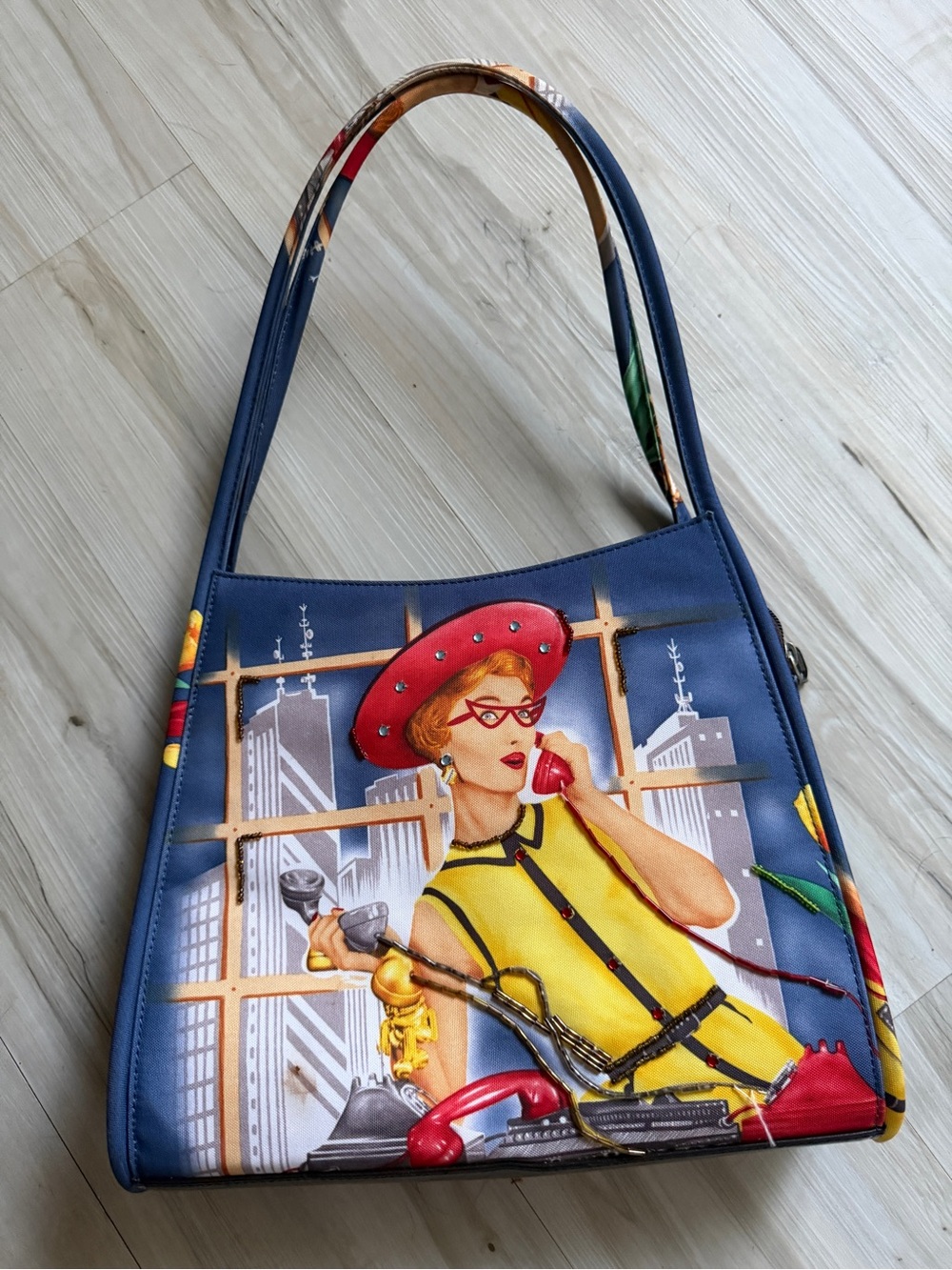 Blue Printed Shoulder Bag with Retro Lady Motif